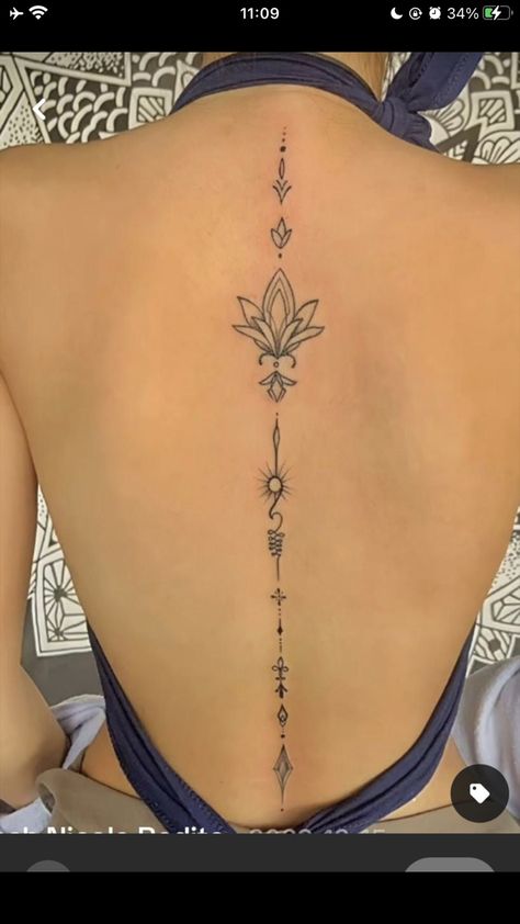 Fine Line Chinese Character Tattoo, Bottom Spine Tattoo, Women's Back Piece Tattoo, Ornamental Spine Tattoos For Women, Around Belly Button Tattoos For Women, Woman’s Back Tattoo, Upper Arm Tattoo Women, Tattoo Ideas Female Back Spine, Spine Tattoos With Meaning