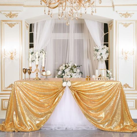 PRICES MAY VARY. Sequin Tablecloths for Parties: It's 50"x50"(125cm*125cm). Image size is just for reference, choose your size as you need.(The size of the tablecloth in the picture is 90x132/90x156inch, which can be to the floor.) Sequin Tablecloth Decoration: 3MM round high density sequins material with mesh fabric backing. It won't drop the sequins. High Workmanship: The color of the product displayed in the picture will be different from the color in the actual natural light. Because the col Gold And White Wedding Decorations, Sequin Wedding Decor, Sparkly Table Cloth, Rose Gold Sequin Tablecloth, Banquet Table Decorations, Gold Sequin Tablecloth, Spring Tablecloths, Gold Tablecloth, Anniversary Candle