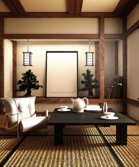 Mock up, designed specifically in japanese style, living room. 3d rendering Asian Room Ideas, Japan Living Room Japanese Style, Asian Zen Living Room, Zen Style Living Room, Asian Room Decor, Zen Living Room Ideas, Japanese Inspired Living Room, Japanese Living Room Ideas, Japan Style Interior