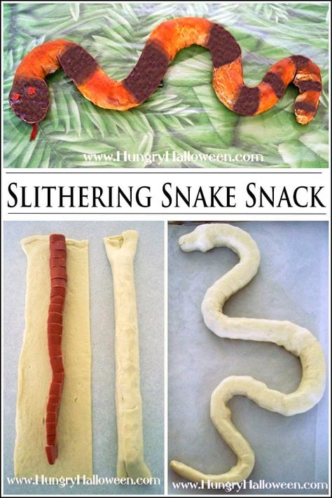 Halloween Snake Food, Snake Snacks For Kids, Snake Themed Food, Creepy Food For Halloween, Halloween Pigs In A Blanket, Snake Party Ideas, Snake Snacks, Crescent Dogs, Snack Halloween