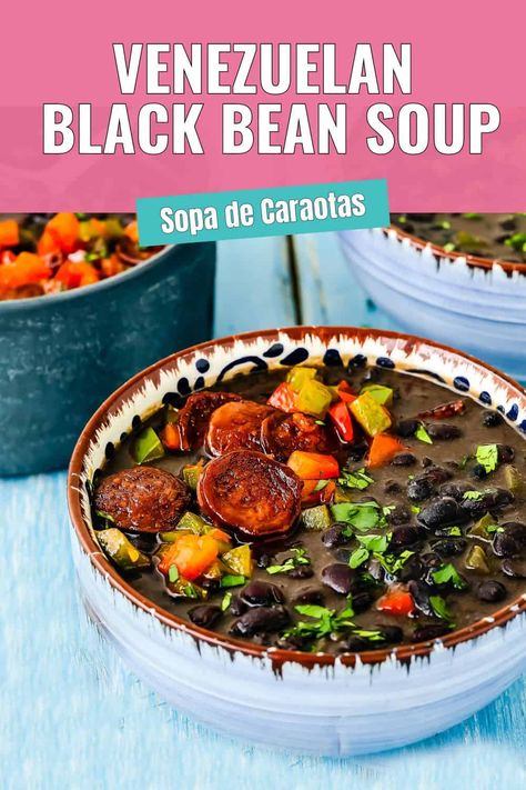 one bowl of  Venezuelan Black Bean Soup (Sopa de Caraotas) over a blue surface. Venezuelan Black Beans Recipe, Venezuelan Recipes, Venezuelan Food, Black Bean Recipes, Eggless Recipes, Black Bean Soup, Always Hungry, Creamy Soup, Dried Beans