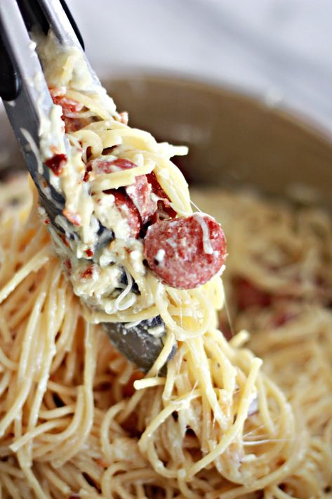 Cheesy Garlic Sausage and Bacon Carbonara Sausage And Bacon, Bacon Carbonara, Pasta Carbonara Recipe, Kielbasa Recipes, Pasta Carbonara, Bacon Pasta, Microwave Popcorn, Cheesy Bacon, Fettuccine Alfredo