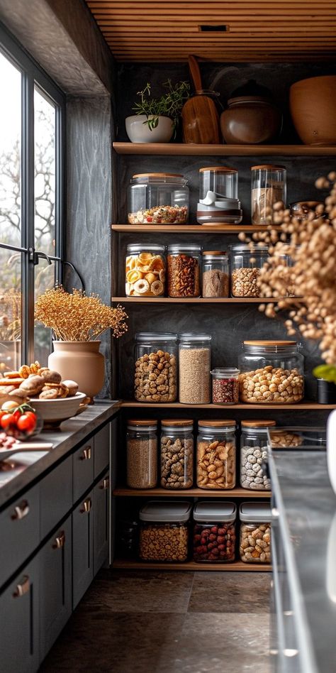 Kitchen Shelf Decor Ideas, Kitchen Shelf Decor, Desain Pantry, Kitchen Pantry Design, Pantry Design, Kitchen Shelves, Kitchen Pantry, Barndominium, Rustic Kitchen