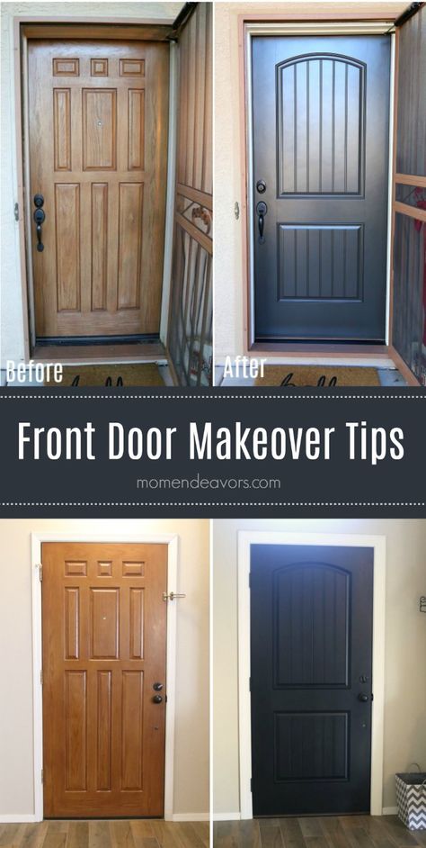 Front Door Makeover Tips – See Before & After photos, plus 5 things to consider when buying a new front door! AD Diy Front Door Makeover Ideas, Front Door Renovation Before And After, Update Front Door Diy, Move Front Door Before And After, Exterior Door Makeover, Front Door Update Diy, How To Repaint Front Door, Front Door Transformation Fiberglass, Diy Front Door Makeover