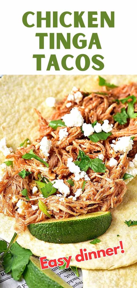 This Mexican chicken filling is spicy and incredibly yummy on its own. But Chicken Tinga Tacos are something else, and you need to try them. The shredded chicken makes this Mexican-inspired recipe rich and succulent. I serve them with lime, fresh cilantro and crumbled queso fresco. Chicken Tinga Tacos, Tinga Tacos, Chicken Tinga Recipe, Hand Held Food, Chicken Tinga, Weekday Meals, Mexican Chicken, Taco Recipes, Chicken Tacos