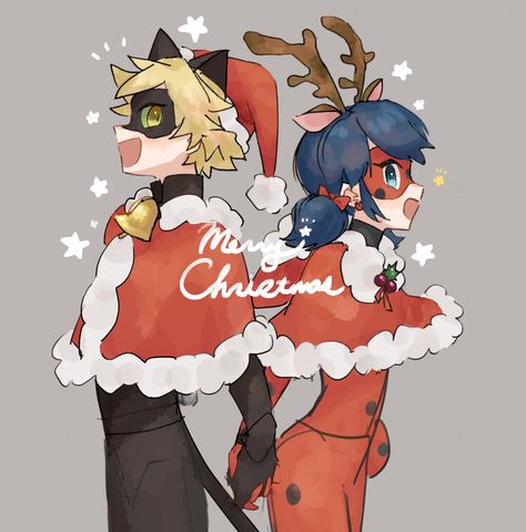 Miraculous Ladybug Christmas Fanart, Ladynoir Christmas, Miraculous Christmas Wallpaper, Cat Noir Christmas, Christmas Miraculous, Miraculous Christmas, Miraculous Ladybug Christmas, Mlb Fanart, Catnoir And Ladybug