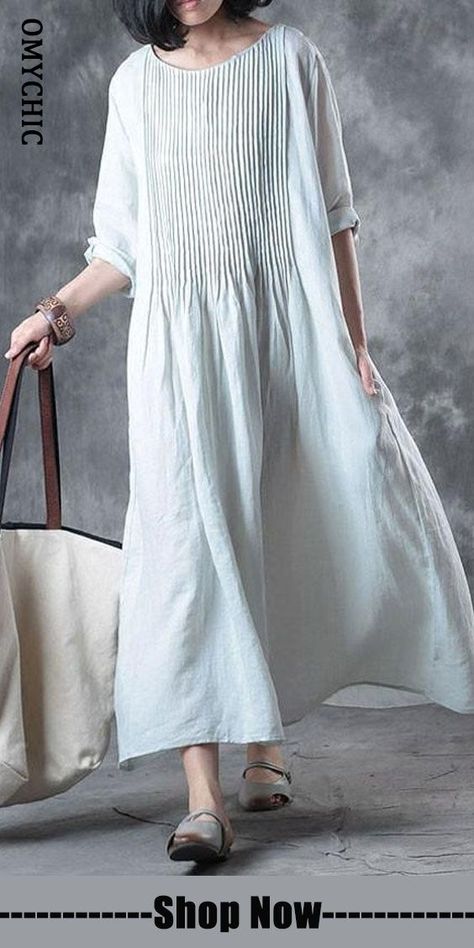 Fine Long Linen Dress Loose Fitting Solid Loose Folded Pocket Women Elbow Sleeves White Dress ( Limited Stock) Sewing Dresses For Women, Boho Styl, Sewing Clothes Women, Long Linen Dress, Linen Fashion, Mode Boho, Cotton Linen Dresses, Mode Casual, Half Sleeve Dresses