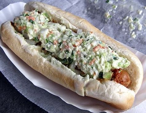 Southern Cole Slaw Recipe, Hot Dog Slaw Recipe, Carolina Slaw, Best Hotdogs, Slaw Dog, Bacon Wrapped Hotdogs, Wrapped Hot Dogs, Making Hot Dogs, Carolina Dog