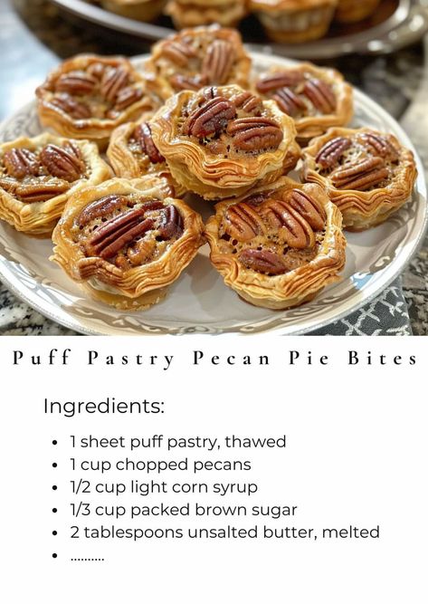 Pastry Squares, Pecan Desserts Recipes, Sweet Puff Pastry, Pecan Bites, Puff Pastry Recipes Dessert, Pecan Pie Bites, Classic Pecan Pie, Pastries Recipes Dessert, Pecan Pies