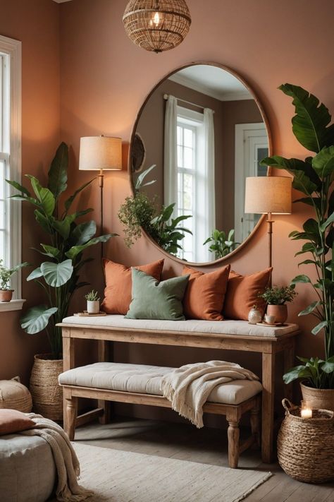 Home Decor Terracotta, Boho Living Room Terracotta, Green Sofa Terracotta Walls, Terracotta House Interior, Seating In Bedroom Ideas, Terracotta Room Ideas, Salon Wall Colors Ideas, Terracotta Living Room Ideas, Terracotta Color Palette Living Room