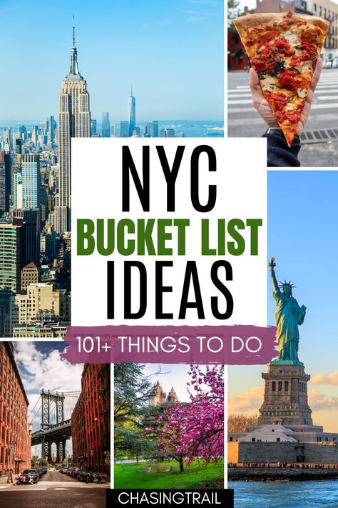 Five photos in a collage and a white rectangle with black, green, and purple letters that read "NYC bucket list ideas 101+ things to do." Photos, clockwise from top left: The Manhattan skyline, a person's hand holding up a slice of pizza, the Statue of Liberty, cherry blossoms in Central Park, the Manhattan Bridge as seen between two brick buildings in Brooklyn Nyc Must Do Bucket Lists, New York Must Do Bucket Lists, Nyc Must Do, New York Bucket List, Nyc Bucket List, Usa Travel Map, Christmas In New York, Things To Do In Nyc, New York City Vacation