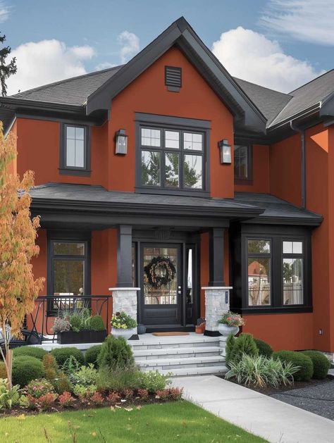 20+ Burnt Sienna and Cloudy Grey Exterior Wall Colours for Warm Sophistication • 333+ Art Images Burnt Orange Exterior House Colors, Rust Exterior House Colors, Burnt Orange House Exterior, Warm Exterior House Colors, Modern House Colors, Outside House Colors, Rendered Houses, Best Bedroom Colors, Wall Colours