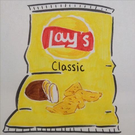 Lay's classic chips drawing by Dhalie Fortin Lays Chips Drawing, Bag Of Chips Illustration, Chip Bag Drawing, Bag Of Chips Drawing, Chips Doodle, Chips Cartoon, Chips Drawing, Squishy Ideas, Kawaii Squishy