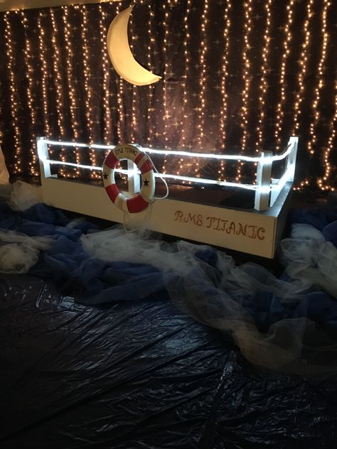 Cruise Ship Themed Party Ideas, Cruise Ship Set Design, Titanic Photo Booth, Cruise Decorations Party, Cruise Ship Party Ideas, Shipwrecked Prom Theme, Titanic Classroom Transformation, Cruise Ship Centerpiece Ideas, Cruise Party Decorations