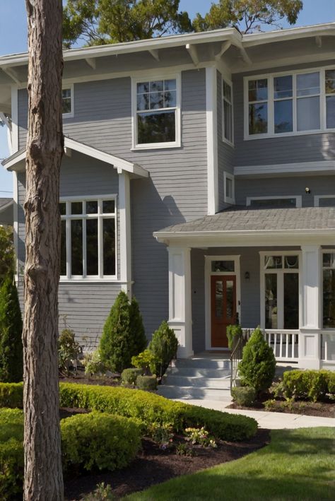 Enhance your gray home with these 9 must-have exterior paint colors, curated for the perfect touch by an interior designer's daily routine. #ad   Read MORE ABOUT 9 Must-Have Exterior Paint Colors That Perfectly Complement Gray Homes   Exterior paint colors, Exterior paint ideas, House painting, Home exterior colors, Gray house colors Light Grey House Shutter Color Ideas, Green Gray Exterior House Colors, Gray Houses With White Trim, Painting Home Exterior, Gray House White Trim, Gray Exterior House Colors, Gray Home Exterior, Home Exterior Colors, Exterior Paint Ideas