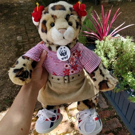 Build a bear WWF leopard wearing a red and white striped top, tan corduroy skirt and white tennis shoes, with red plush flower ear/ hair accessories Build A Bear Outfits, Leopard Fashion, Teddy Bear Picnic, Build A Bear, Kawaii Room, Cute Stuffed Animals, Cute Toys, My Little Pony, Cool Photos