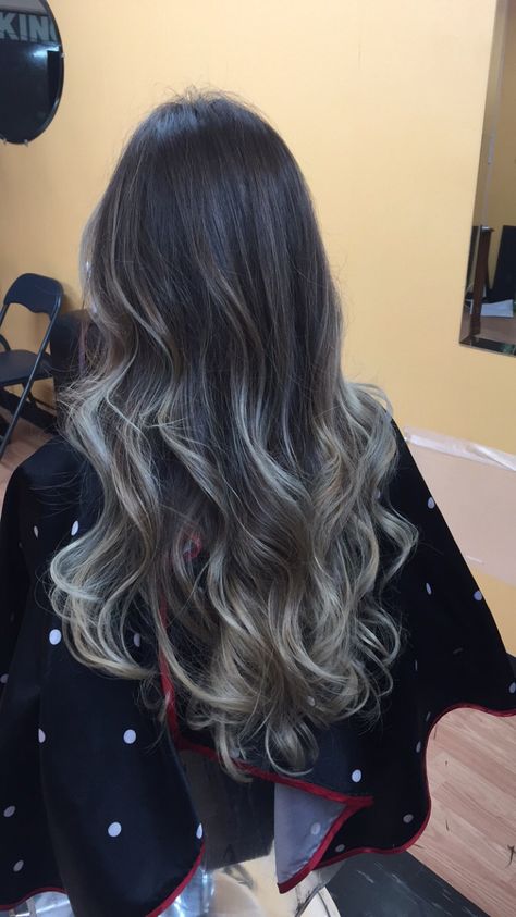 Curly long ash blond ombre hair Balayage Blonde On Black Hair, Black To Light Brown Hair Ombre, Black White Ombre Hair, Dark Hair With Colored Ends, Ash Brown On Dark Hair, Ombre Highlights For Black Hair, Cool Balayage On Dark Hair, Dark Brown Hair With Blonde Ends, Ash Blonde Ombre On Dark Hair