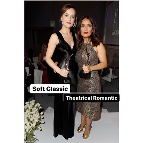 Theatrical Romantic 💎 VS Soft Classic 🎀 Theatrical Romantic is defined as an overly yin type with slight touches of Yang. All… | Instagram Waist Emphasis, Theatrical Romantic, Defined Waist, Soft Classic, Salma Hayek, Dakota Johnson, Body Types, Sleeveless Formal Dress, Formal Dresses