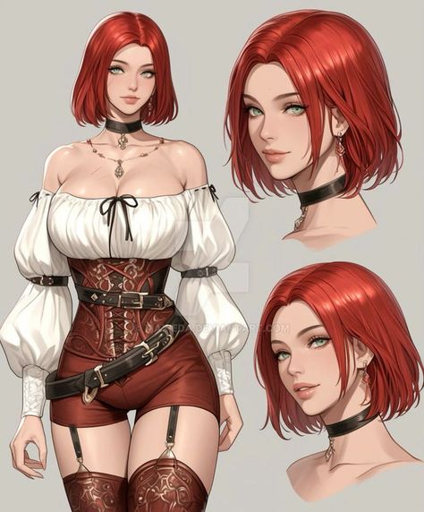 basic10 Anime character with red hair in a corset outfit, featuring detailed design and distinct expressions. | Sky Rye Design Dnd Maid Art, Beautiful Female Character Art, Anime Character With Red Hair, Redhead Character Art, Hooded Character Art, Pathfinder Character Art, Medieval Character Art, Dnd Female Character Concept, Female Dnd Character