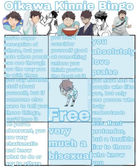 template credit : @auto_thot Kin Bingo Haikyuu, Kinnie Bingo Haikyu, Oikawa Kinnie Bingo, Haikyuu Kinnies Bingo, Gojo Kinnie Bingo, Headcanons Anime, Kinnie Callouts, Oikawa Kinnie, Kinnie Bingo