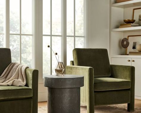 “I saw this chair in the store and fell in love,” wrote a Target reviewer of the cozy armchair. Green Accent Chair, Green Velvet Chair, Olive Green Velvet, Studio Mcgee Target, Round Accent Table, Velvet Accent Chair, White Floors, Studio Mcgee, Green Chair