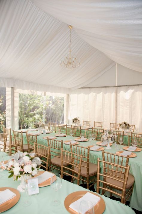 Mint green parties are everywhere. Love this {over the top!} christening from Little Sooti by way of Oh So Beautiful Paper. Mint Gold Weddings, Gold Reception, Wedding Mint Green, Gold Wedding Inspiration, Green Tablecloth, Christening Party, Mint Gold, Mint Wedding, Tables And Chairs