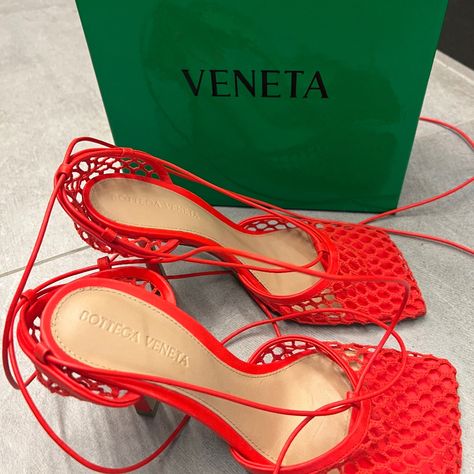 Brand New Never Worn Red Size 7.5 Wrap Around Straps In Leather Comes With Box And Dust Bags Bottega Veneta Shoes, Wearing Red, Wrap Around, Bottega Veneta, Dust Bag, Size 7, Mesh, Sandals, Brand New