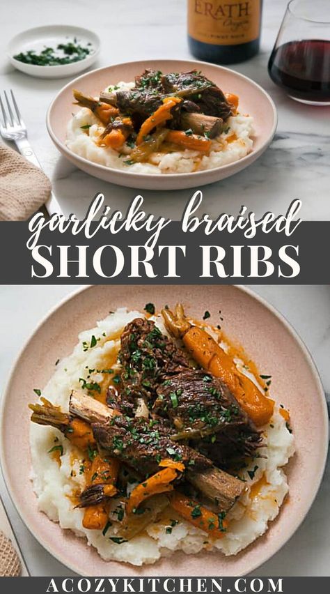 These garlic-y braised short ribs are a cozy dream. They’re fall-off-the-bone-tender and are super delicious when served on a bed of mashed potatoes with a side of Erath Organic Pinot Noir. These delicious short ribs are perfect for family dinner, dinner parties, or as a unique holiday dinner option for smaller gatherings. #sponsoredpost #ErathOrganicPinotNoir Garlic Braised Short Ribs With Red Wine, Red Wine Short Ribs Dutch Ovens, Red Wine Reduction Sauce Beef, Red Wine Braised Beef Short Ribs, Red Wine Beef Short Ribs Crock Pot, Red Wine Braised Short Ribs Dutch Ovens, Slow Braised Short Ribs, Red Wine Braised Short Ribs Slow Cooker, Red Wine Short Ribs Slow Cooker