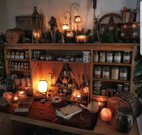 Witch Altar Desk, Witch Altars Inspiration, Witchy Home Office Aesthetic, Witch Supply Storage, Witch Aesthetic Office, Witchy Art Studio, Modern Witch Altar, Witchy Desk Decor, Green Witch Home Decor