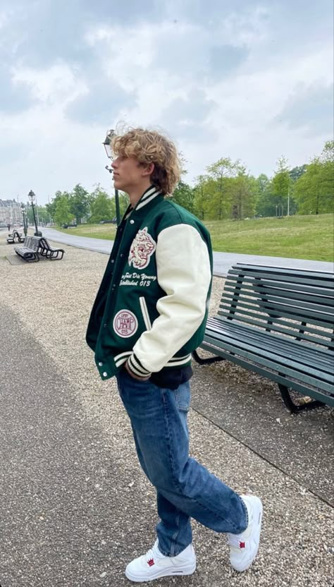 Vintage Letterman Jacket Outfit, Varsity Jacket Outfit Mens, Boy Fashion Aesthetic, Letterman Jacket Outfit, The Upside Of Falling, Levi Skyum, Varsity Outfit, Green Varsity Jacket, Varsity Jacket Outfit