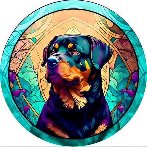 Black Rottweiler, Glass Wreath, Dog Rottweiler, Stain Glass Art, Dog Wreath, Glass Window Art, Grapevine Wreaths, Floral Wreaths, Stained Glass Designs