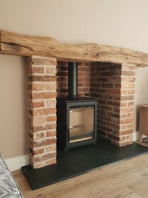 Brick Fireplace Log Burner, Fireplace Hearths, Wood Burner Fireplace, Wood Stove Hearth, Wood Burning Stoves Living Room, Log Burner Living Room, Log Burner Fireplace, Cottage Fireplace, Wood Stove Fireplace