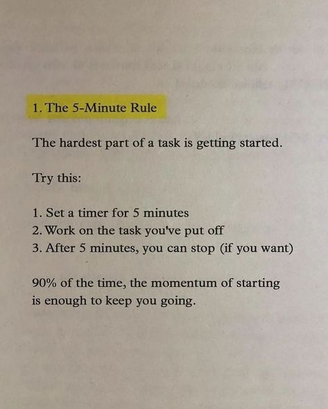 7 tips for overcoming procrastination 👇 Save & send to a friend! 🤍 1️⃣ The 5-Minute Rule 1. Set a timer for 5 minutes 2. Work on the task you’ve put off 3. After 5 minutes, you can stop (if you want) 90% of the time, the momentum of starting is enough to keep you going. 2️⃣ Set limits on learning time Growth looks like this: learn —> apply —> learn —> apply Procrastination looks like this: learn —> learn —> learn —> learn Cut out ‘productive procrastination’ by applying the informatio... Productive Procrastination, Overcoming Procrastination, Send To A Friend, Learning Time, Hard Part, 2 Set, Cut Out, How To Apply, Quick Saves