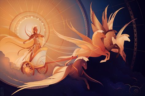 ☼ Yliade ☾ on Twitter: "Helios is the god (or personification) of the Sun in Greek mythology. He is said to drive a golden chariot which bring the Sun across the skies each day. His chariot is pulled by Pyrois, Eoos, Aethon and Phlegon. Prints : https://t.co/dNZgdJpwB5 #art #drawing #mythology #sun… https://t.co/9POLLSPWNR" Apollo Chariot, Golden Chariot, Greek Pantheon, Sacred Plant, Greek Gods And Goddesses, Greek Mythology Art, Mythology Art, Big Art, Greek Myths