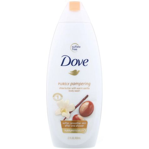 Dove Shea Butter, Dove Purely Pampering, Pamper Skin, Vanilla Body Wash, Vanilla Smell, Vanilla Coconut, Coconut Butter, Skin Cleanser Products, Smoother Skin