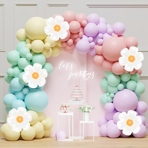 PRICES MAY VARY. Daisy Balloon Garland Arch Kit-You can get an package of 129pcs 5 colors (blue, pink, yellow, purple, macaron blue) 3 sizes (18", 10", 5") balloons, 5pcs daisy foil balloons, 1pc balloon tape, and 100 balloon dot glue. This perfect daisy pastel balloon garland kit is sure to wow your guests! Premium Material-Daisy pastel balloons garland kit are made of high quality natural latex, safe and non-toxic, the leather is thick, not easy to burst, and the color is true.The balloons wil Daisy Balloon Garland, Bohemian Party Decorations, Rainbow Balloon Arch, Boho Party Decorations, Daisy Party, Pastel Birthday, 5 Balloons, Balloon Kits, Pastel Balloons