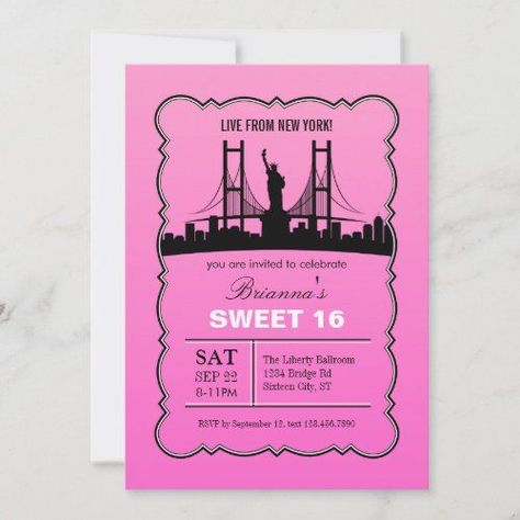 New York Sweet Sixteen Invitation #newyork #city #skyline #statueofliberty #black #pink #modern #elegant #newyorktheme #silhouette #sweet16 #sweetsixteen #trendy #young #bridge #chic New York Theme Party, New York Party, Trendy Invitations, New York Theme, Teen Party Games, Sweet Sixteen Invitations, Invitation Design Template, Sweet 16 Gifts, Party Invite Design