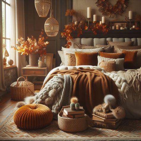 Discover 30 cozy fall bedroom decor ideas, including autumn-themed art and rugs, for a warm and inviting autumn sanctuary. Fall Themed Bedroom, Bedroom Fall Decor, Fall Bedroom Ideas, Fall Bedroom Decor, Luxe Bedroom, Cozy Fall Bedroom, Fall Bedding, Cozy Spaces, Brown Bedroom