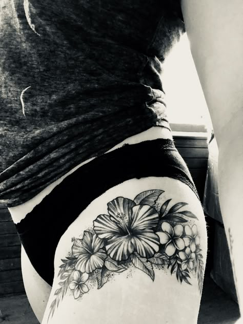 hibiscus and plumeria hip tattoo Plumeria Hibiscus Tattoo, Hibiscus Plumeria Tattoo, Plumeria And Hibiscus Tattoo, Hibiscus Thigh Tattoo, Hawaiian Floral Tattoos, Hibiscus Tattoo Shoulder, Plumeria Shoulder Tattoo, Tropical Floral Tattoo, Tropical Flower Shoulder Tattoo