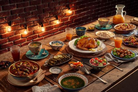 Ramadan Fetar & Sohour Tables on Behance Ramadan Food Table, Ramadan Photoshoot Ideas, Ramadan Pic, Ramadan Photoshoot, Meal Photography, First Day Of Ramadan, Ramadan Photography, Ramadan Buffet, Ramadan Recipes Iftar