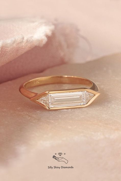 Long Baguette Ring, Horizontal Baguette Engagement Ring, Horizontal Stone Engagement Ring, Horizontal Stone Ring, East West Baguette Ring, Sideways Rectangle Engagement Ring, Geometric Wedding Ring, Horizontal Engagement Ring, Gold Stone Rings