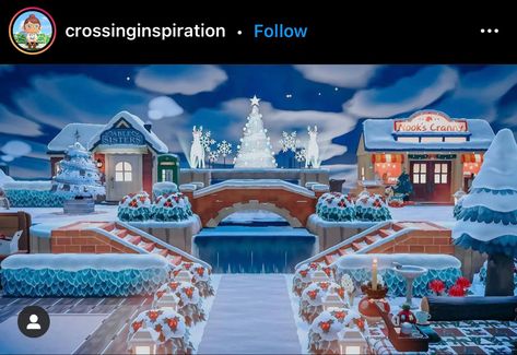 Acnh New England Town, Acnh Bridge, Animal Crossing Christmas Ideas, Animal Crossing Christmas, Acnh Winter, Acnh Christmas, Plaza Design, Ac New Leaf, Animal Crossing Guide