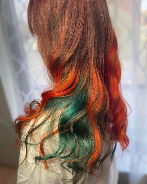 Southwestern Sunset Hair - Copper, orange, teal. Vivid hair; haircare; long hair; @tranquilityspasalon Ginger Hair With Green Highlights, Tri Color Hair Ideas, Orange Green Hair, Copper Teal Hair, Copper And Teal Hair, Copper And Green Hair, Ginger And Teal Hair, Rust Hair, Copper And Blue Hair