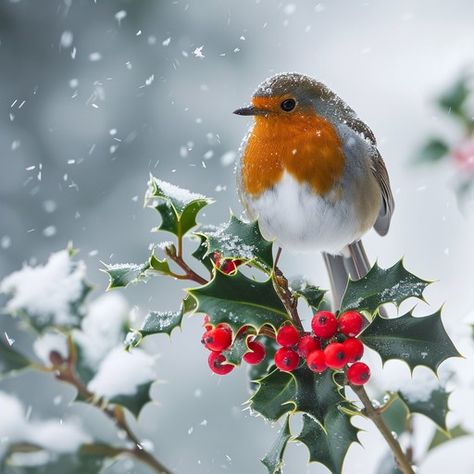 Robin In The Snow, Christmas Birds Drawing, Birds In Snow Photography, Robin In Snow, Winter Birds Photography, Bird In Snow, Birds In Winter, Robin Photography, Holly Branch