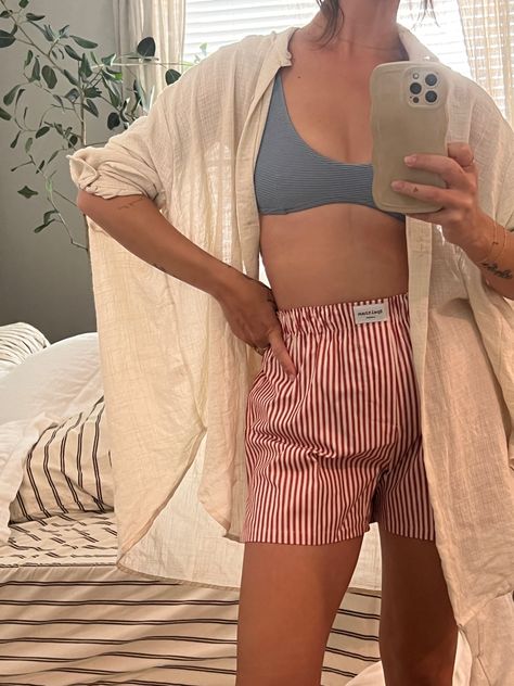 #womensboxers #boxers #buttonupstyle #beachcoverup #redstripedboxers #aesthetic #summerstyle #summeraesthetic #summeroutfit Boxer Pajamas Aesthetic, Pjs Shorts Outfit, Boxer Briefs Outfit Female, Pj Shorts Outfit, Electric Grandpa Aesthetic, Electric Grandpa, Boxer Short Outfits, Boxers Aesthetic, Boxers Outfit