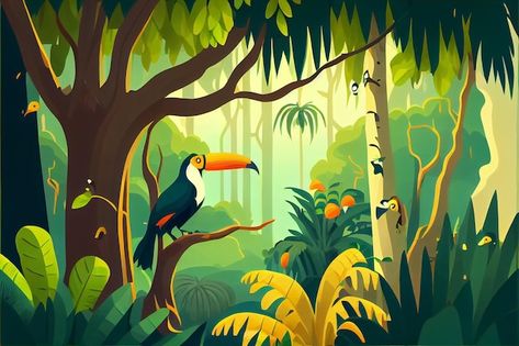 Jungle Bird Illustration, Tropical Rainforest Illustration, Jungle Theme Illustration, Tropical Island Illustration, Jungle Illustration Background, Tropical Forest Illustration, Island Art Tropical, Rain Forest Illustration, Rainforest Illustration