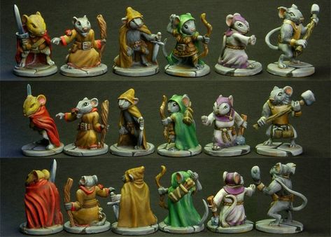 I painted this full set of character mice. Mouse Guard Rpg, Mice And Mystics, Mouse Guard, Model Painting, Pathfinder Rpg, The Minions, Gaming Mice, Dnd Miniatures, Fantasy Miniatures