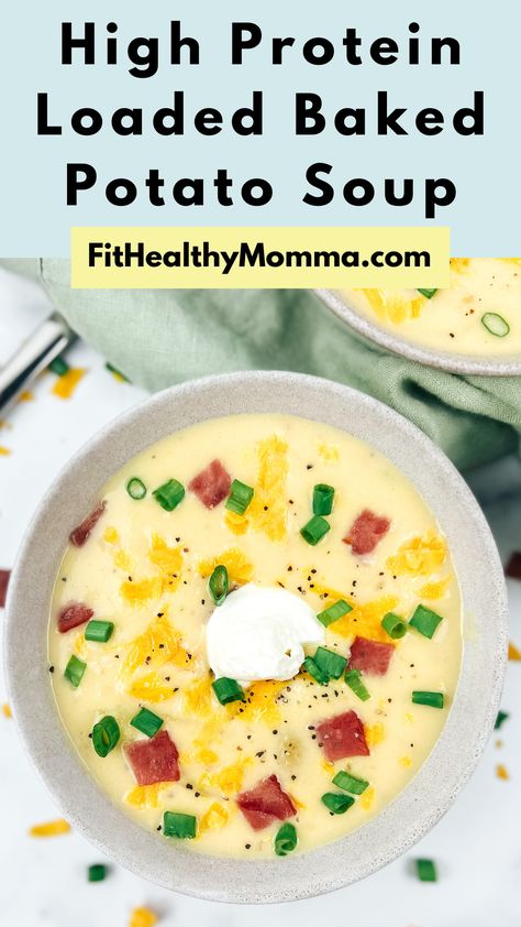 High Protein Loaded Baked Potato Soup Recipe Soup Meal Prep Healthy, Keto Loaded Potato Soup, Low Calorie Baked Potato Soup, Potato Soup Protein, Potato Soup With Protein, Low Cal Baked Potato Soup, Healthy Bisque Soup Recipes, Pureed Soup Recipes Healthy, Healthier Baked Potato Soup