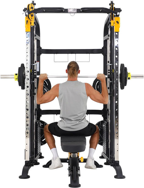 Exercise equipment– Engage in intense weightlifting or strength training right in the comfort of your home! It includes 6 weight plate pegs that are built into the frame, letting you organize weights/barbells on the machine for easy accessibility. (Included 200kg weight stack in the back but not include weight plate) Gym Squat Rack, Upper Body Strength Training, Home Gym Must Haves, Commercial Fitness Equipment, Lower Body Muscles, Pulley System, Gym At Home, Smith Machine, Squat Rack