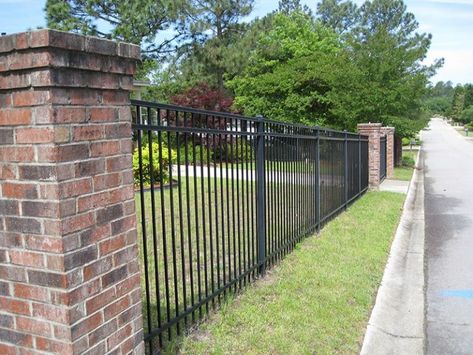 Brick Fence Ideas Front Yard, Fence Ideas Front Yard, Brick Fence Ideas, Iron Fencing, Brick Columns, Brick Fence, Pool Fence, Fence Ideas, Church Ideas